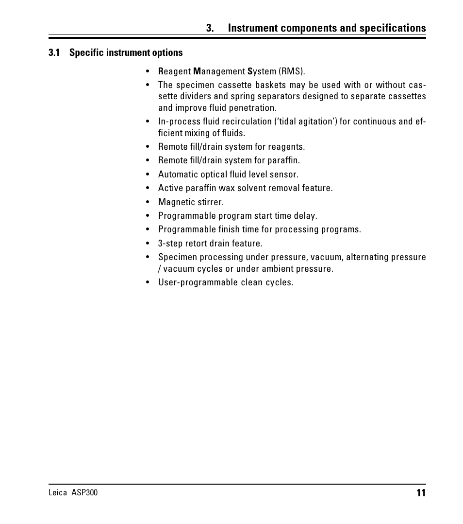 Instrument components and specifications, 1 specific instrument options, Specific instrument options | LEICA ASP300 User Manual | Page 11 / 70