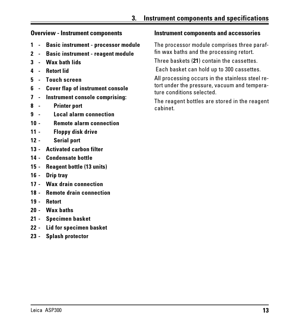 Instrument components and specifications | LEICA ASP300 User Manual | Page 13 / 70