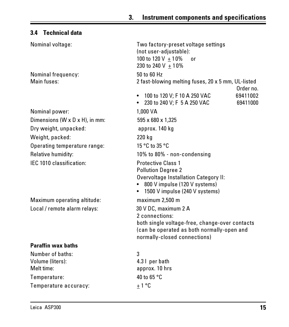 4 technical data, Technical data, Instrument components and specifications | LEICA ASP300 User Manual | Page 15 / 70