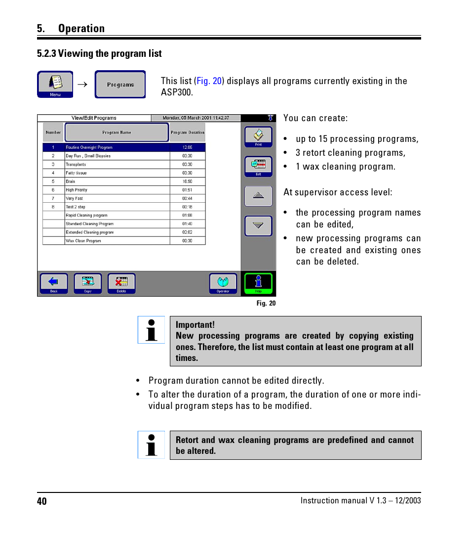 3 viewing the program list, Viewing the program list, Operation | LEICA ASP300 User Manual | Page 40 / 70
