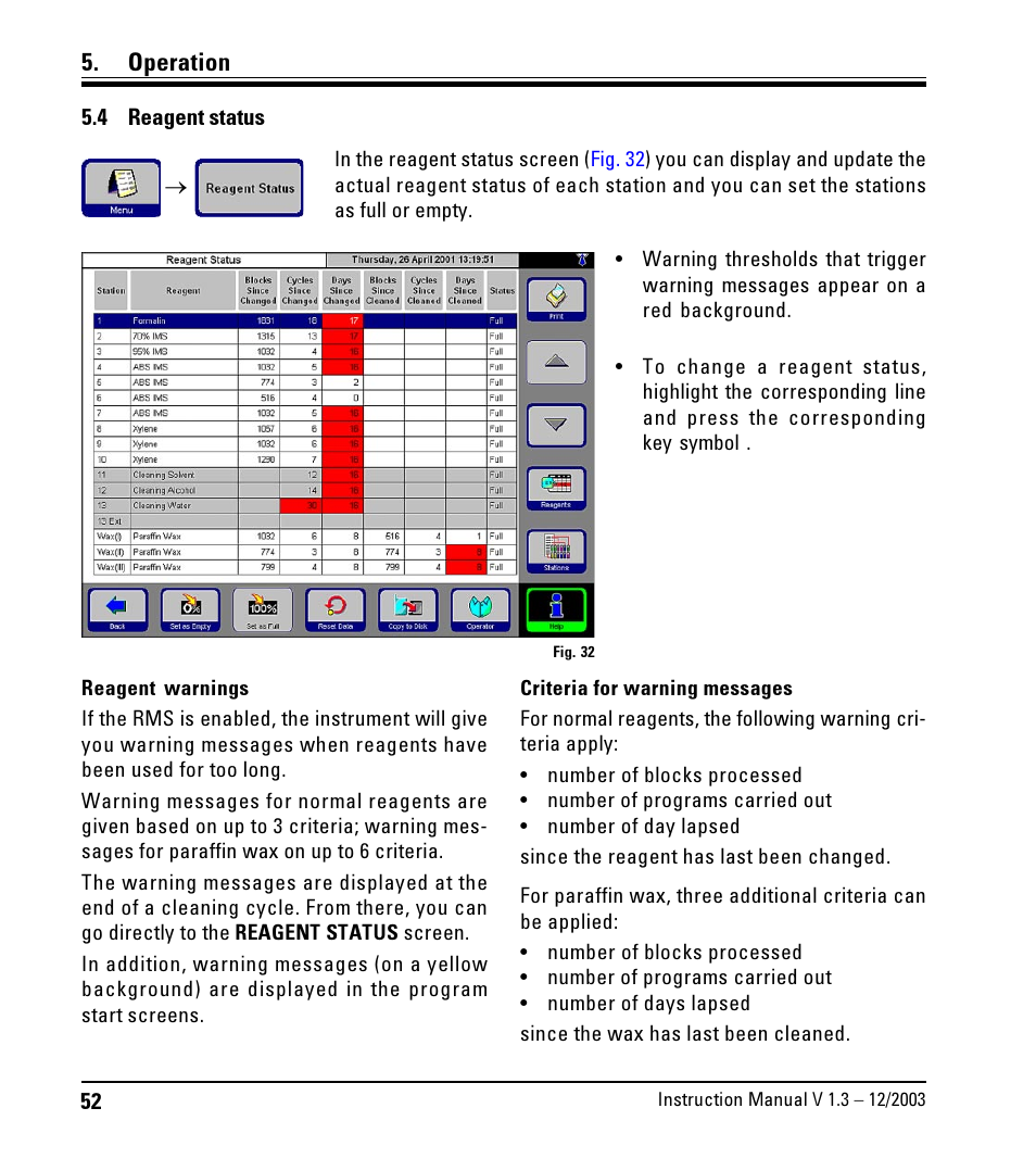 4 reagent status, Reagent status, Operation | LEICA ASP300 User Manual | Page 52 / 70