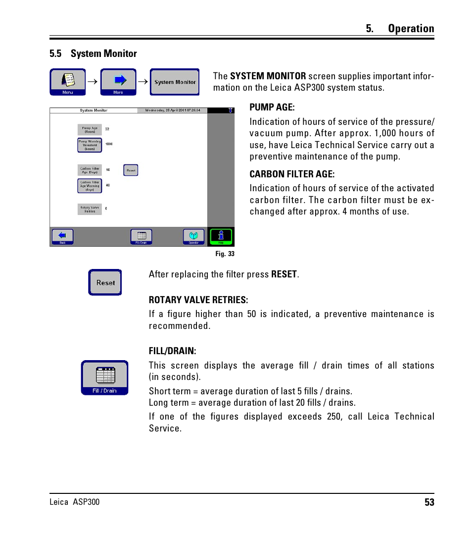 5 system monitor, System monitor, Operation | LEICA ASP300 User Manual | Page 53 / 70