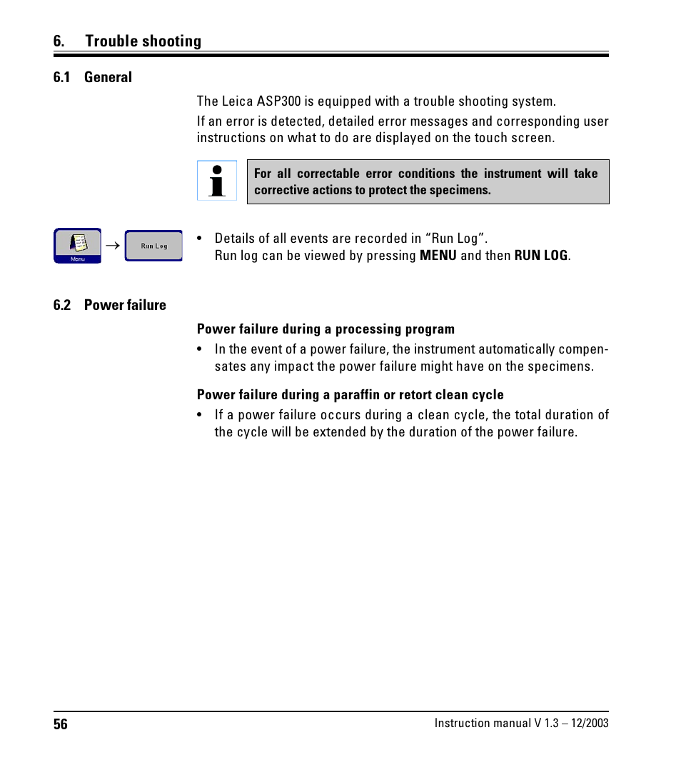 Trouble shooting, 1 general, 2 power failure | General, Power failure | LEICA ASP300 User Manual | Page 56 / 70