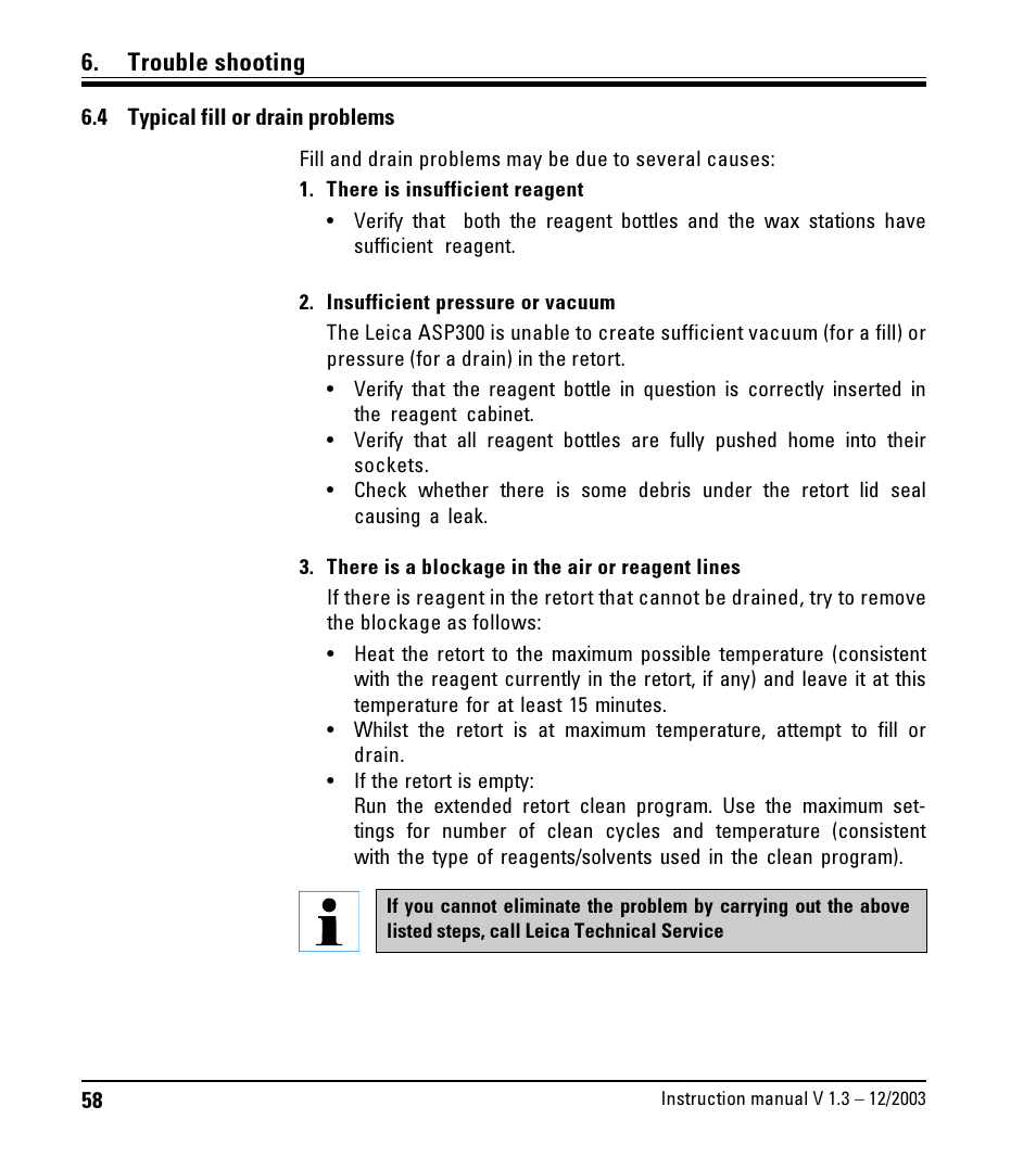 4 typical fill or drain problems, Typical fill or drain problems, Trouble shooting | LEICA ASP300 User Manual | Page 58 / 70