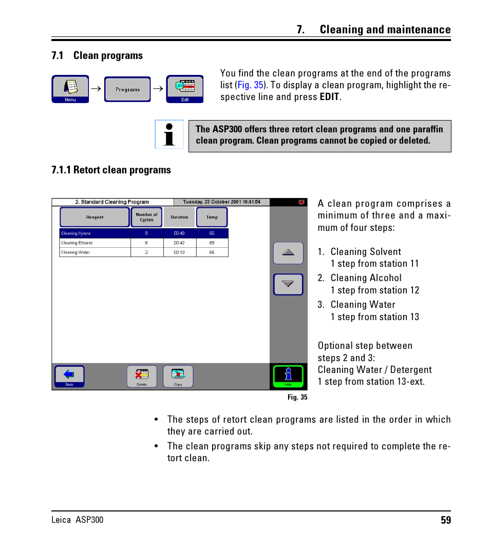 Cleaning and maintenance, 1 clean programs, 1 retort clean programs | Clean programs, Retort clean programs | LEICA ASP300 User Manual | Page 59 / 70