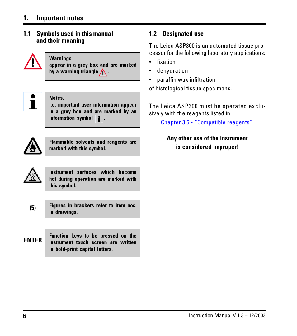 Important notes, 1 symbols used in this manual, 2 designated use | Symbols used in this manual, Designated use | LEICA ASP300 User Manual | Page 6 / 70