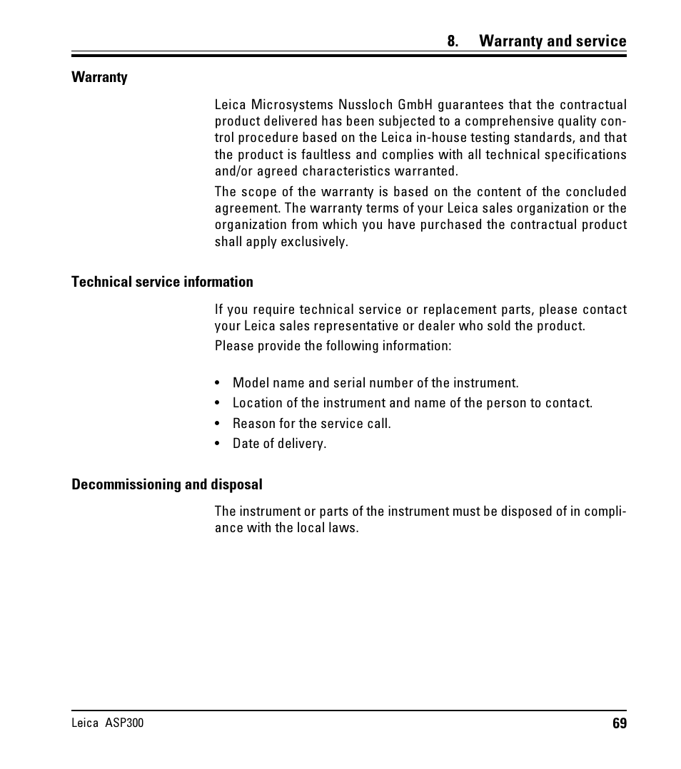 Warranty and service | LEICA ASP300 User Manual | Page 69 / 70