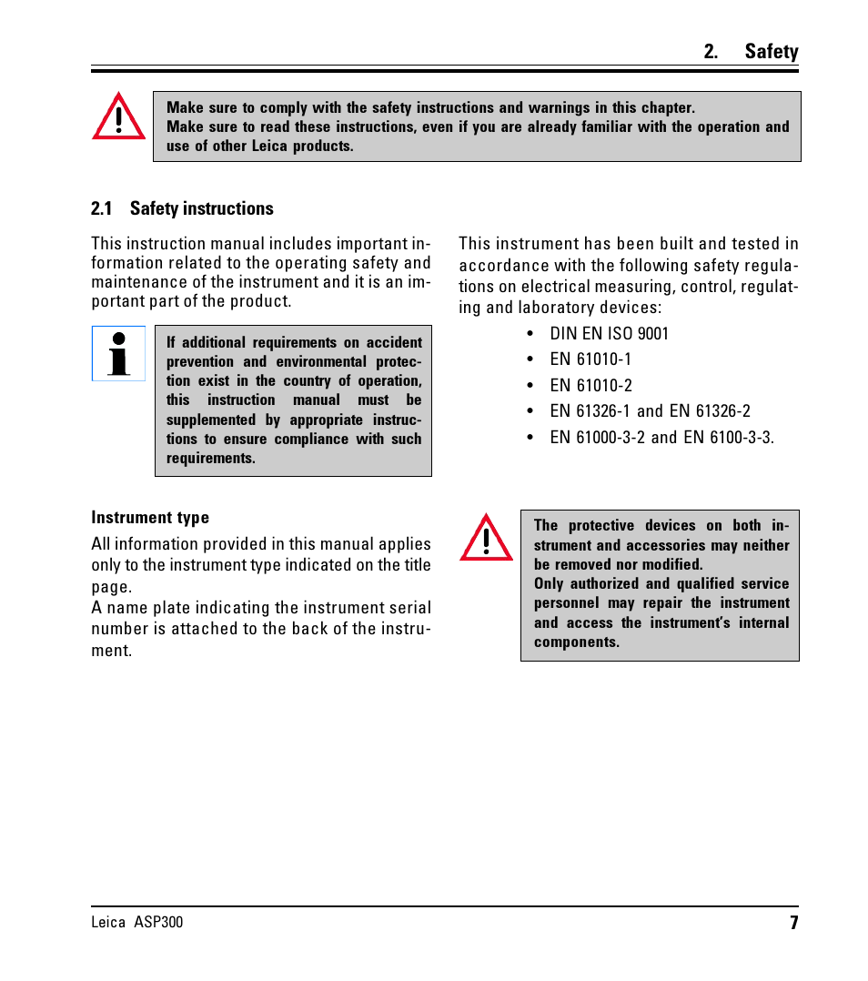 Safety, 1 safety instructions, Safety instructions | LEICA ASP300 User Manual | Page 7 / 70