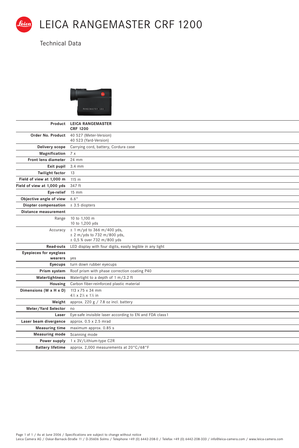 LEICA Rangemaster CRF 1200 User Manual | 1 page