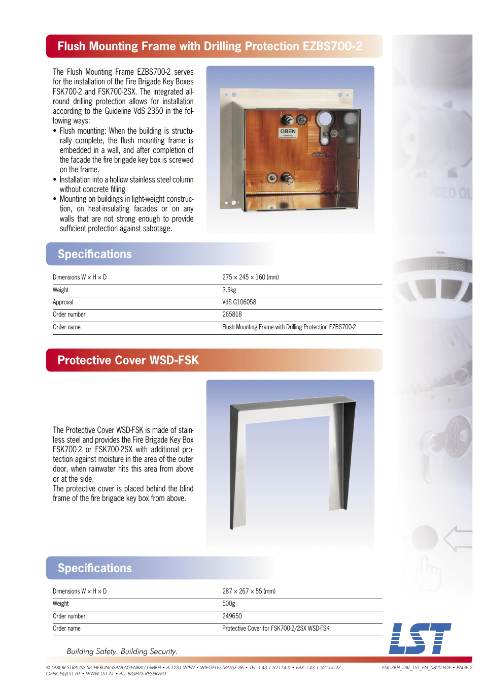 Protective cover wsd-fsk, Speciﬁ cations | LST FSK700-2SX User Manual | Page 2 / 4
