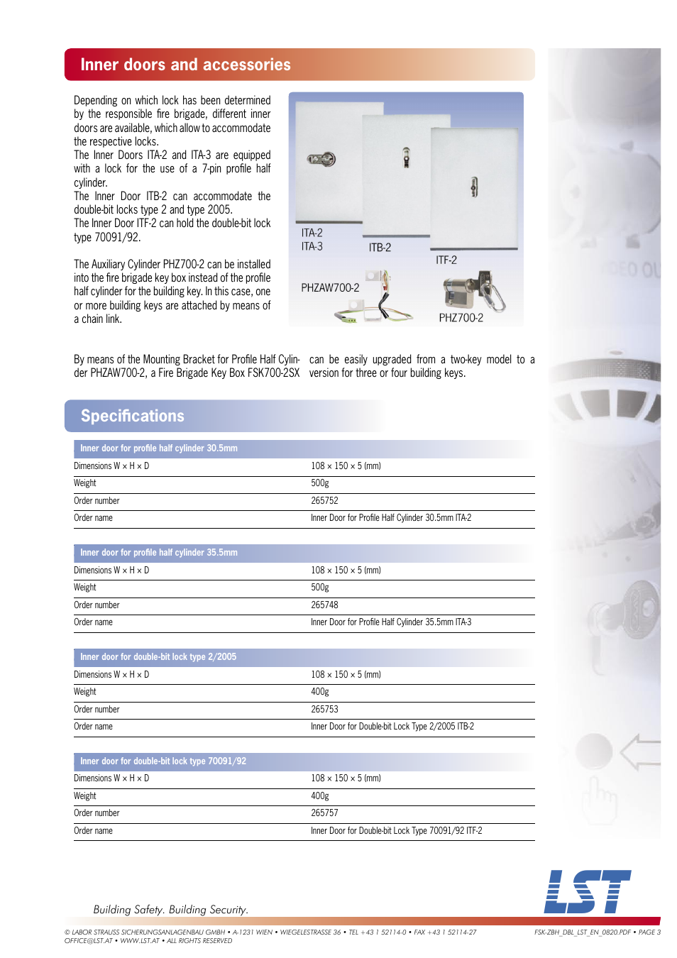 Inner doors and accessories, Speciﬁ cations | LST FSK700-2SX User Manual | Page 3 / 4