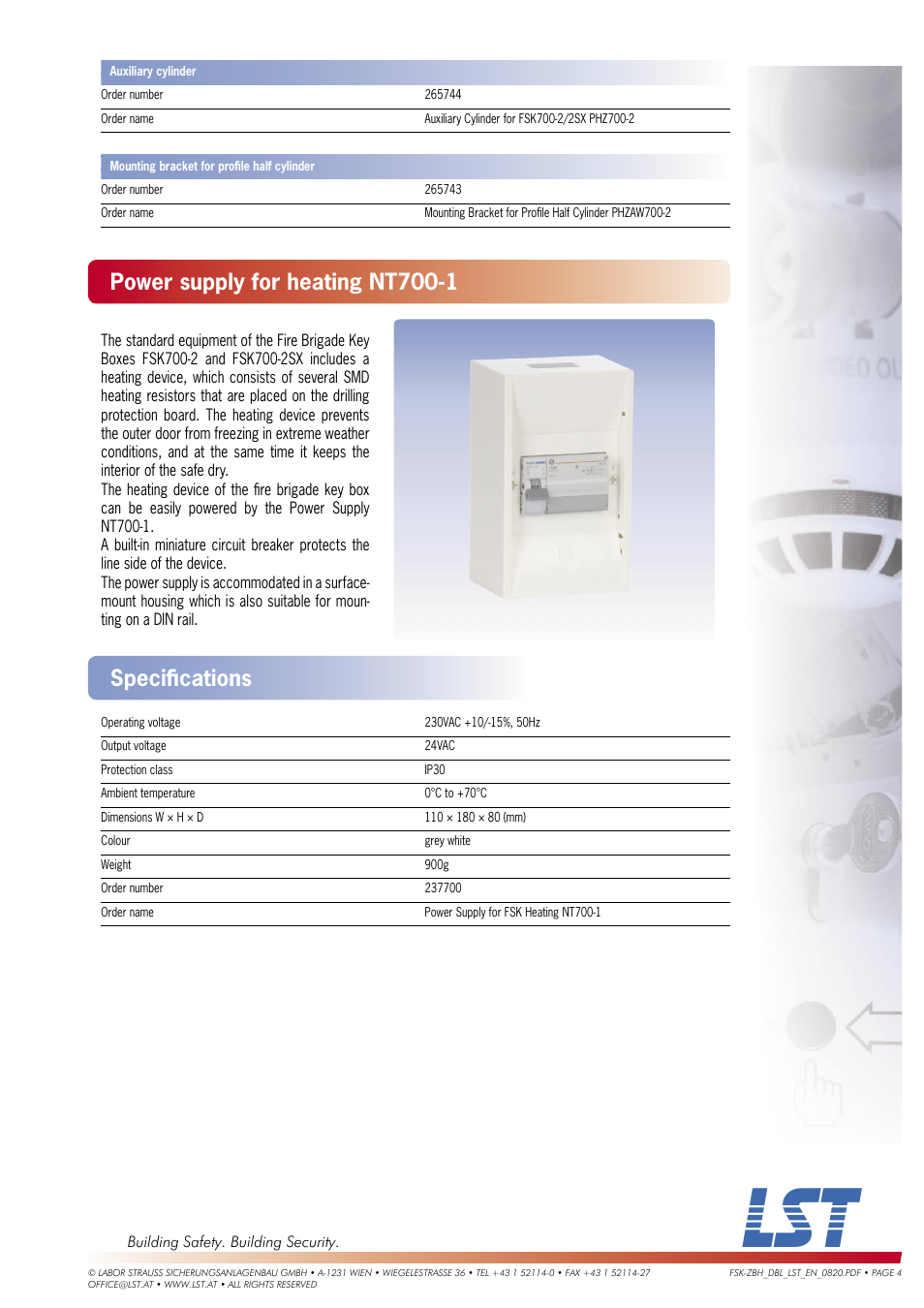 Speciﬁ cations power supply for heating nt700-1 | LST FSK700-2SX User Manual | Page 4 / 4