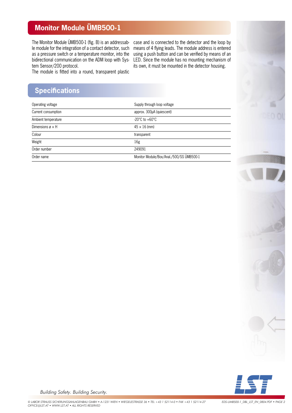 Monitor module ümb500-1, Speciﬁ cations | LST EDS500-1 User Manual | Page 2 / 2