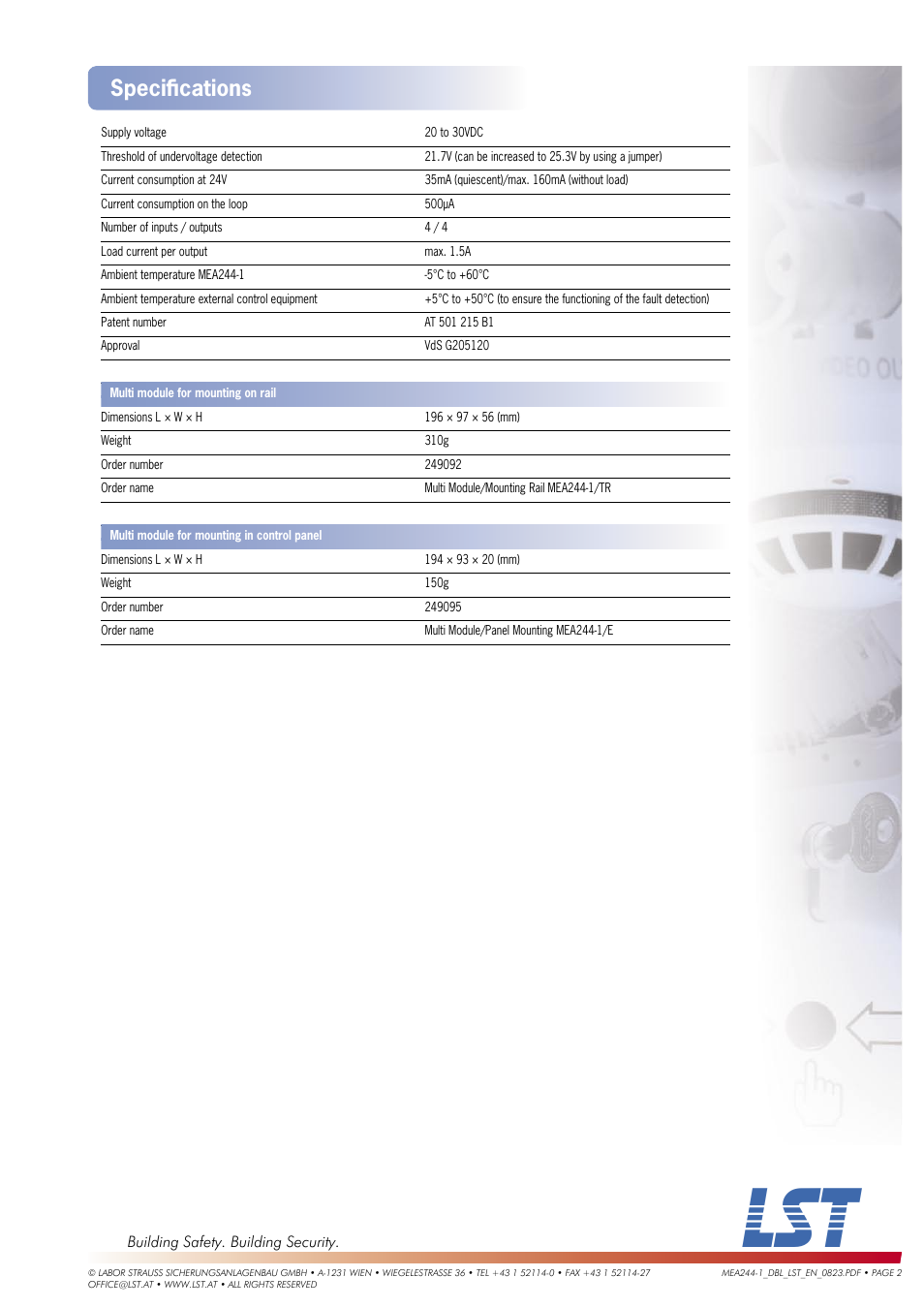 Speciﬁ cations | LST Vds MEA244-1 User Manual | Page 2 / 2