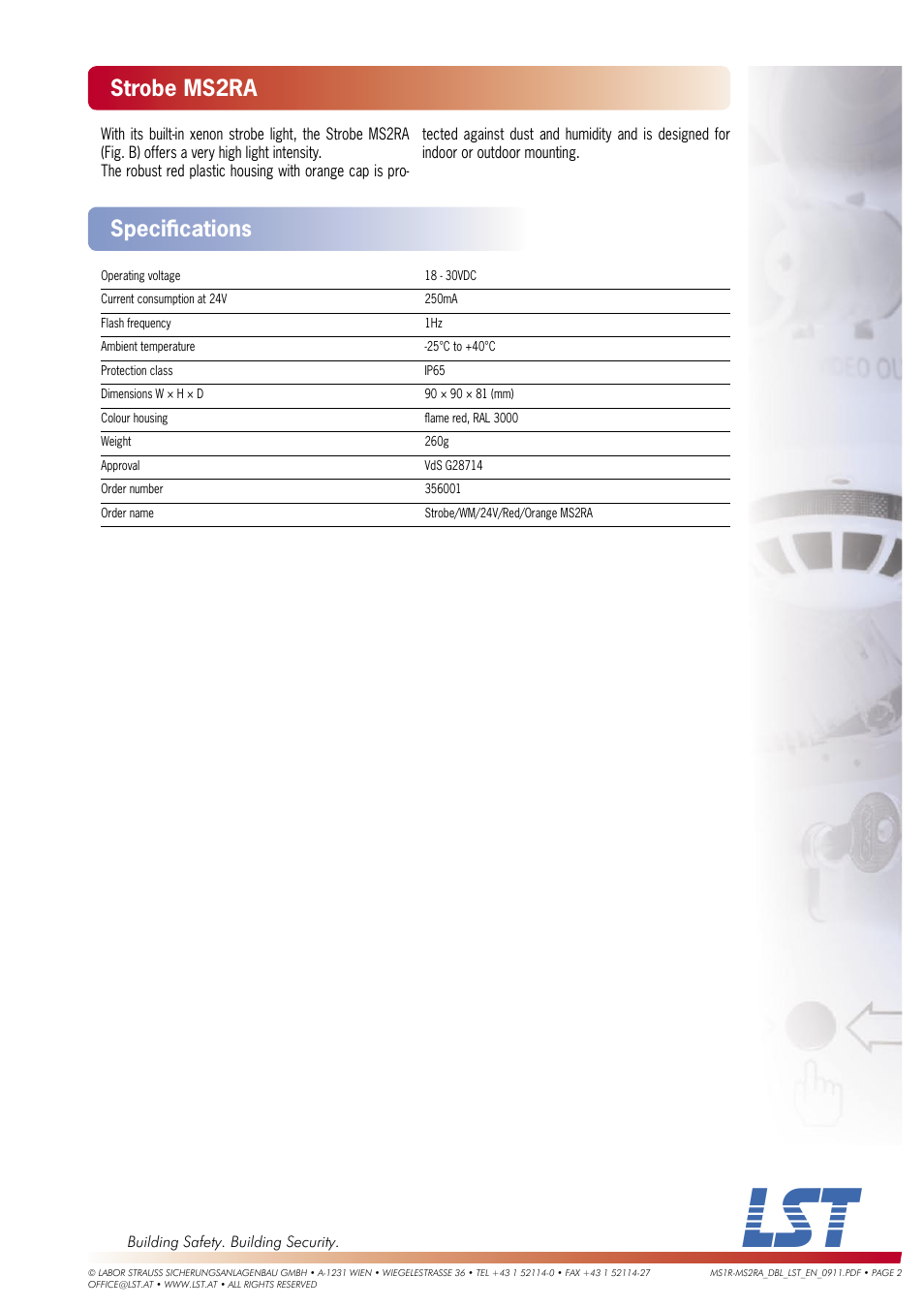 Strobe ms2ra, Speciﬁ cations | LST MS1R User Manual | Page 2 / 2