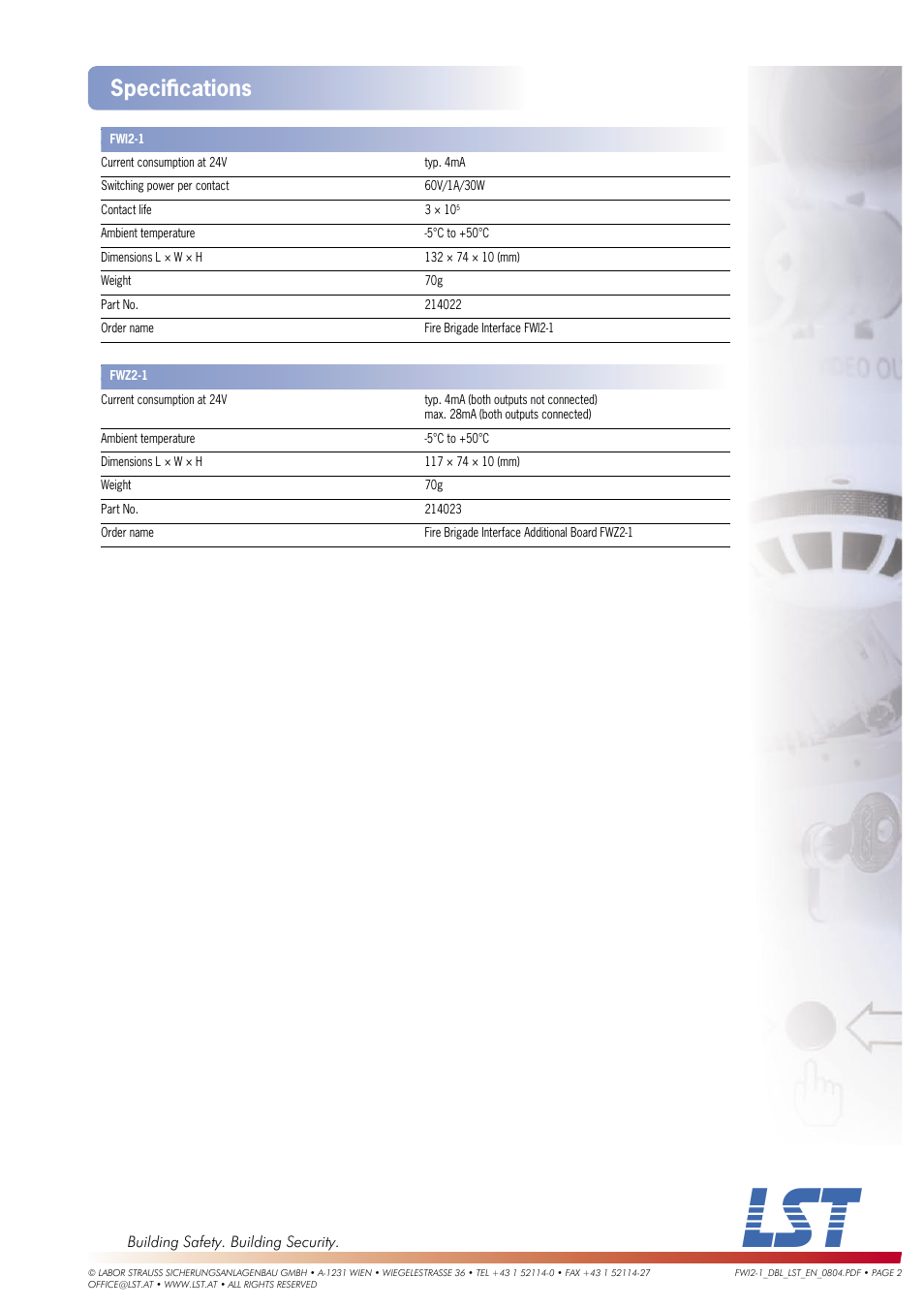 Speciﬁ cations | LST FWZ2-1 User Manual | Page 2 / 2
