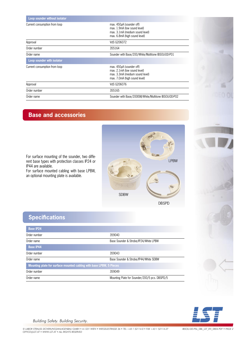 Base and accessories, Speciﬁ cations | LST IBSOU-DD-P01 User Manual | Page 2 / 2