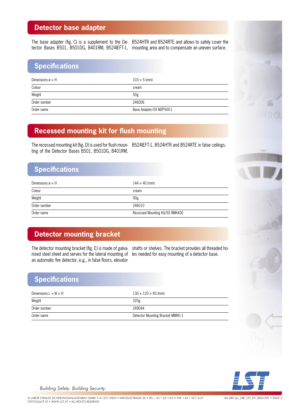 Recessed mounting kit for ﬂ ush mounting, Detector mounting bracket, Speciﬁ cations | Speciﬁ cations detector base adapter | LST Series 200 User Manual | Page 2 / 2