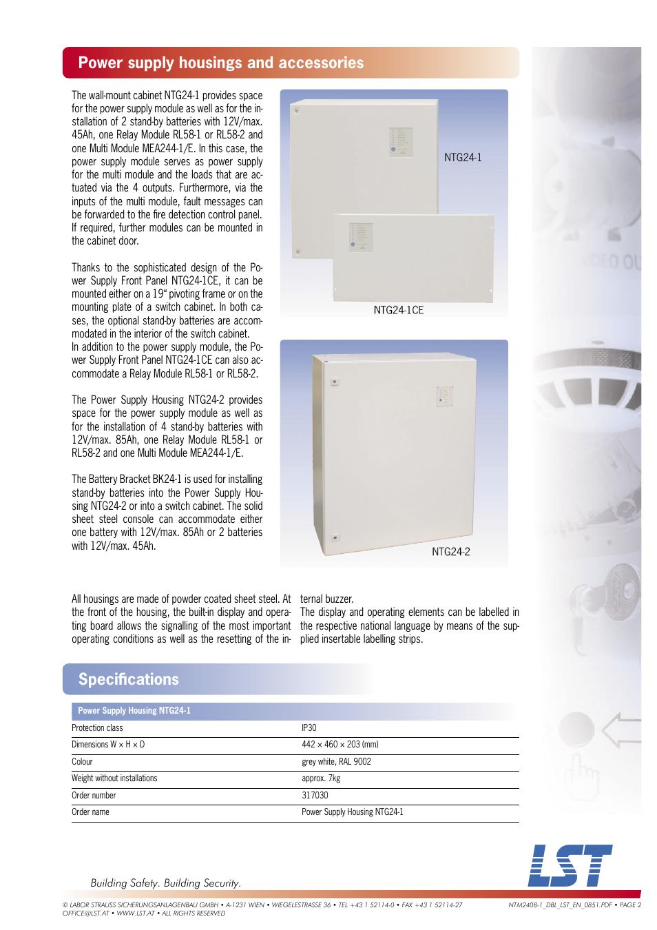 Power supply housings and accessories, Speciﬁ cations | LST NTM2408-1 User Manual | Page 2 / 3