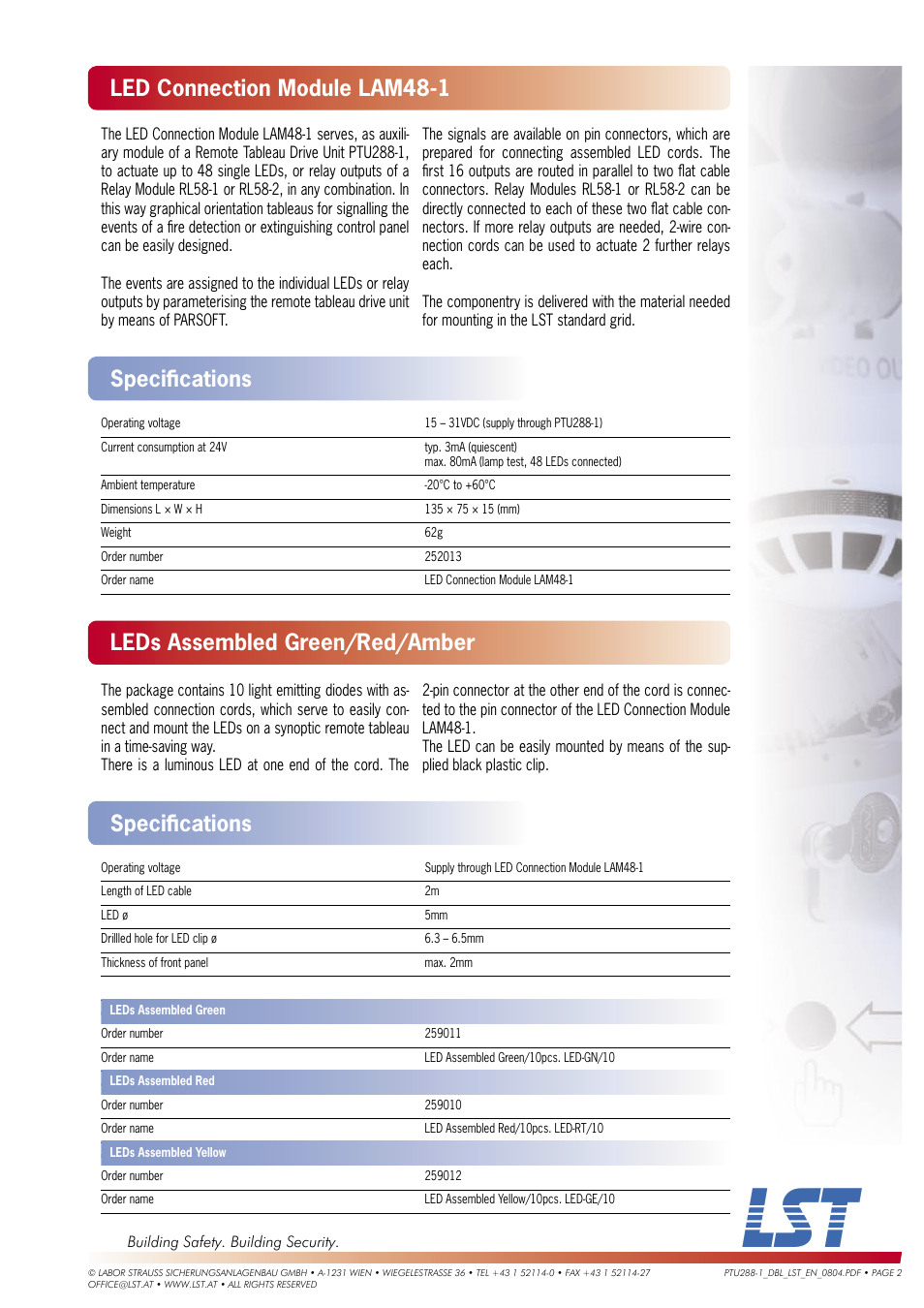 Led connection module lam48-1, Speciﬁ cations, Leds assembled green/red/amber | LST PTU288-1 User Manual | Page 2 / 3