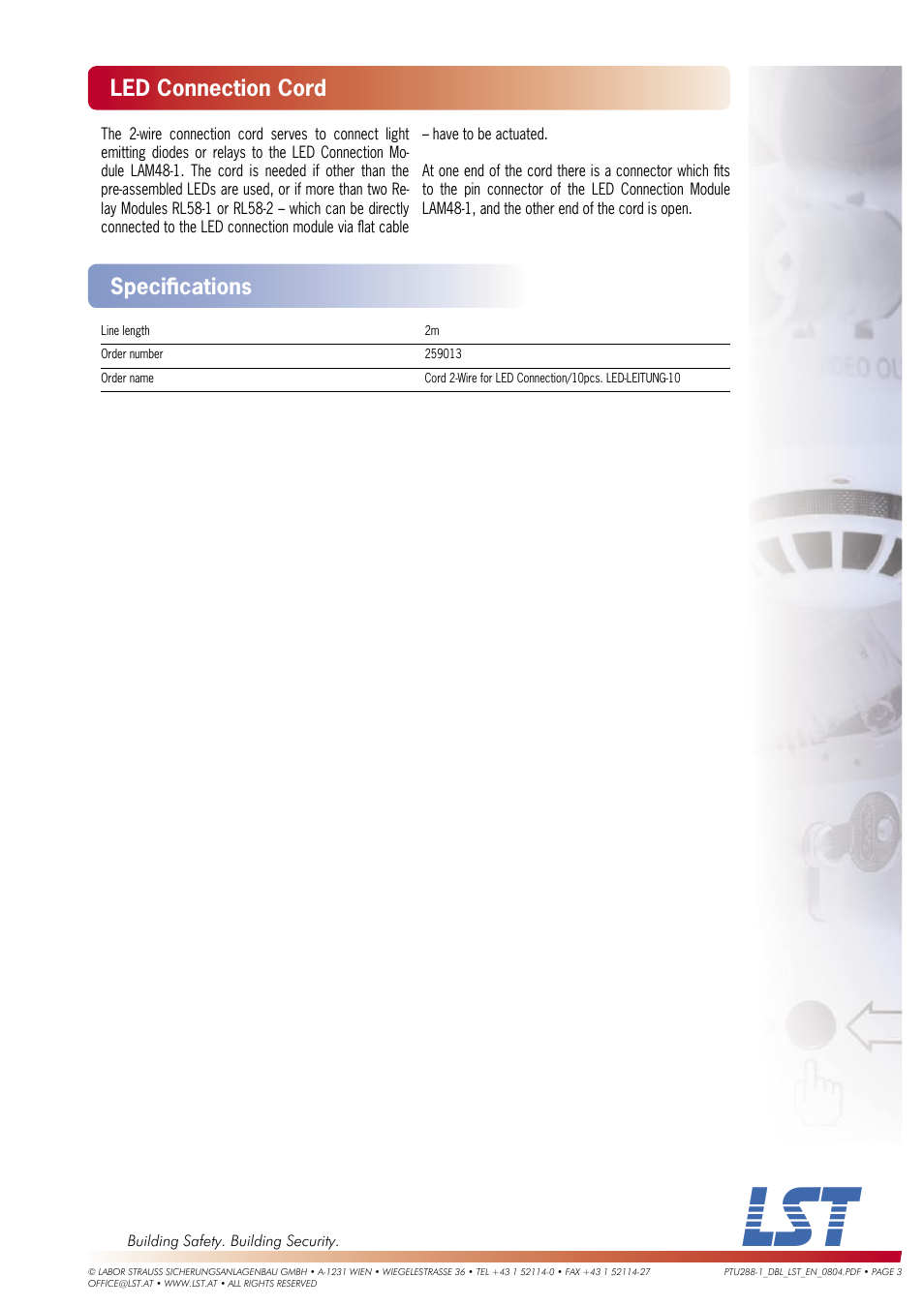 Led connection cord, Speciﬁ cations | LST PTU288-1 User Manual | Page 3 / 3