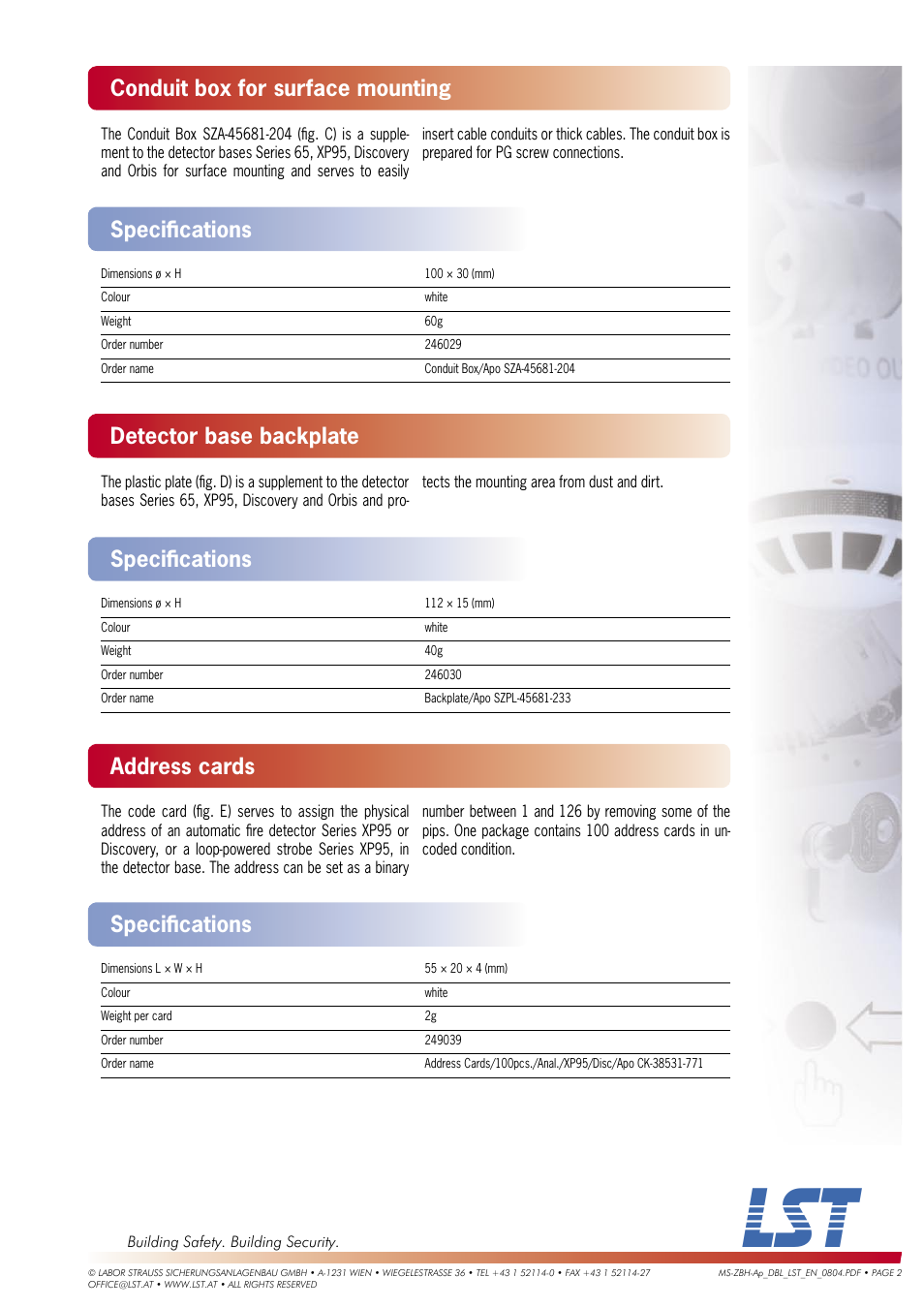 Conduit box for surface mounting, Speciﬁ cations detector base backplate, Speciﬁ cations address cards | Speciﬁ cations | LST Series 65/XP95 User Manual | Page 2 / 3