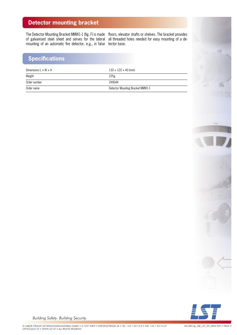 Detector mounting bracket, Speciﬁ cations | LST Series 65/XP95 User Manual | Page 3 / 3