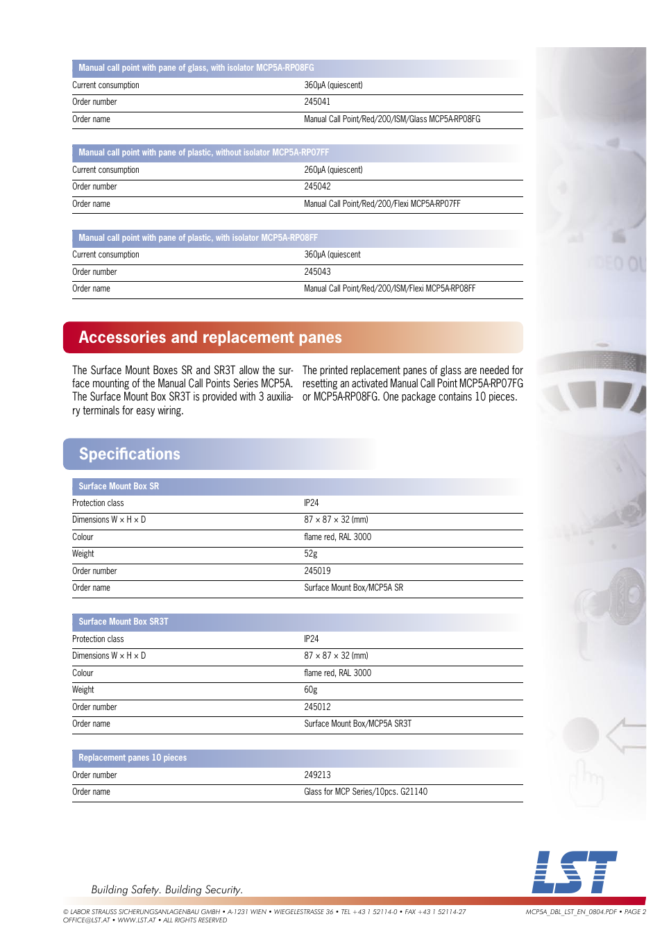 Accessories and replacement panes speciﬁ cations | LST MCP5A Series User Manual | Page 2 / 2