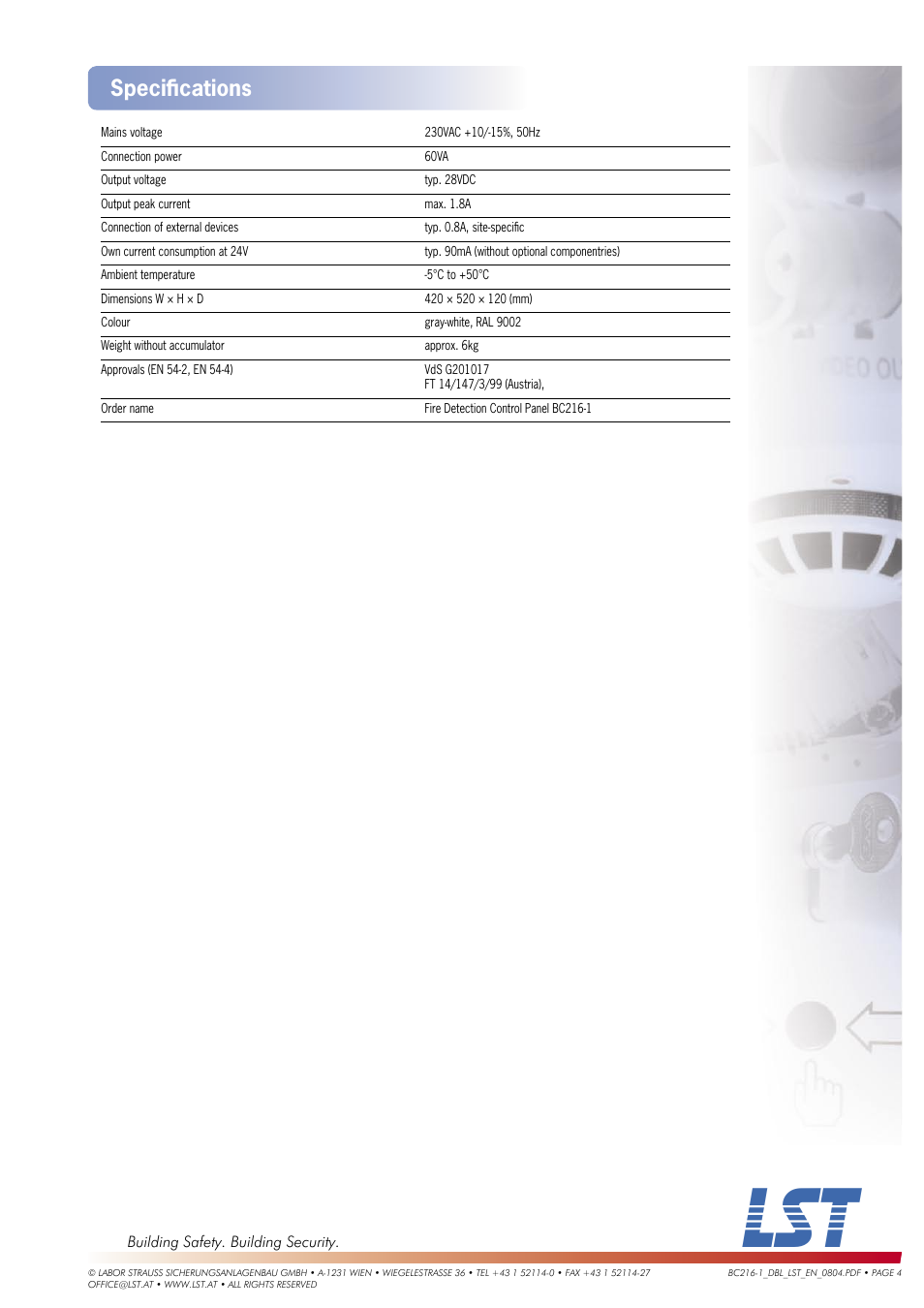 Speciﬁ cations | LST Vds BC216-1 User Manual | Page 4 / 4