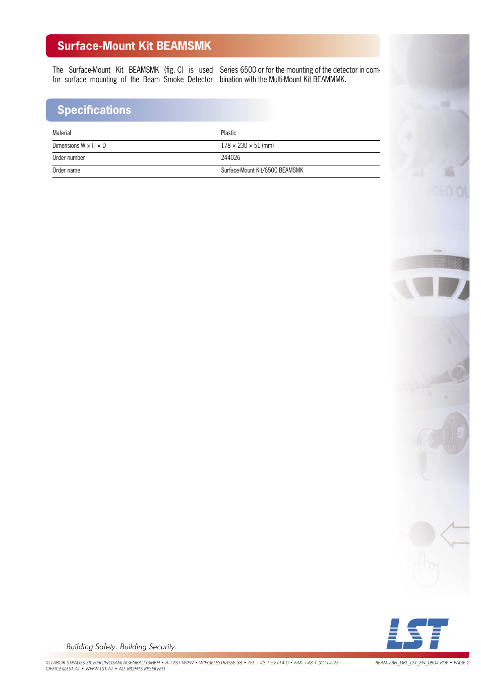 Surface-mount kit beamsmk, Speciﬁ cations | LST BEAMMMK User Manual | Page 2 / 2