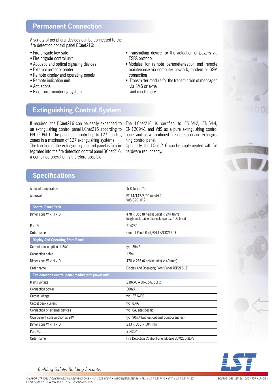 Speciﬁ cations, Permanent connection, Extinguishing control system | LST BCnet216: 19" User Manual | Page 4 / 5