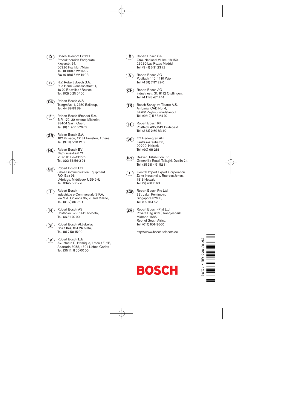 Bosch addresses | Bosch 608 User Manual | Page 41 / 41