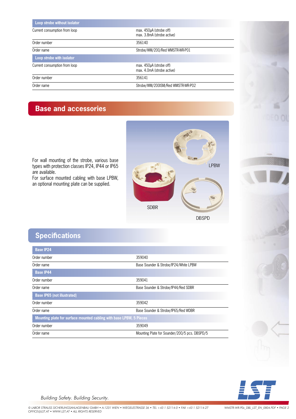 Base and accessories, Speciﬁ cations | LST WMSTR-WR-P01 User Manual | Page 2 / 2