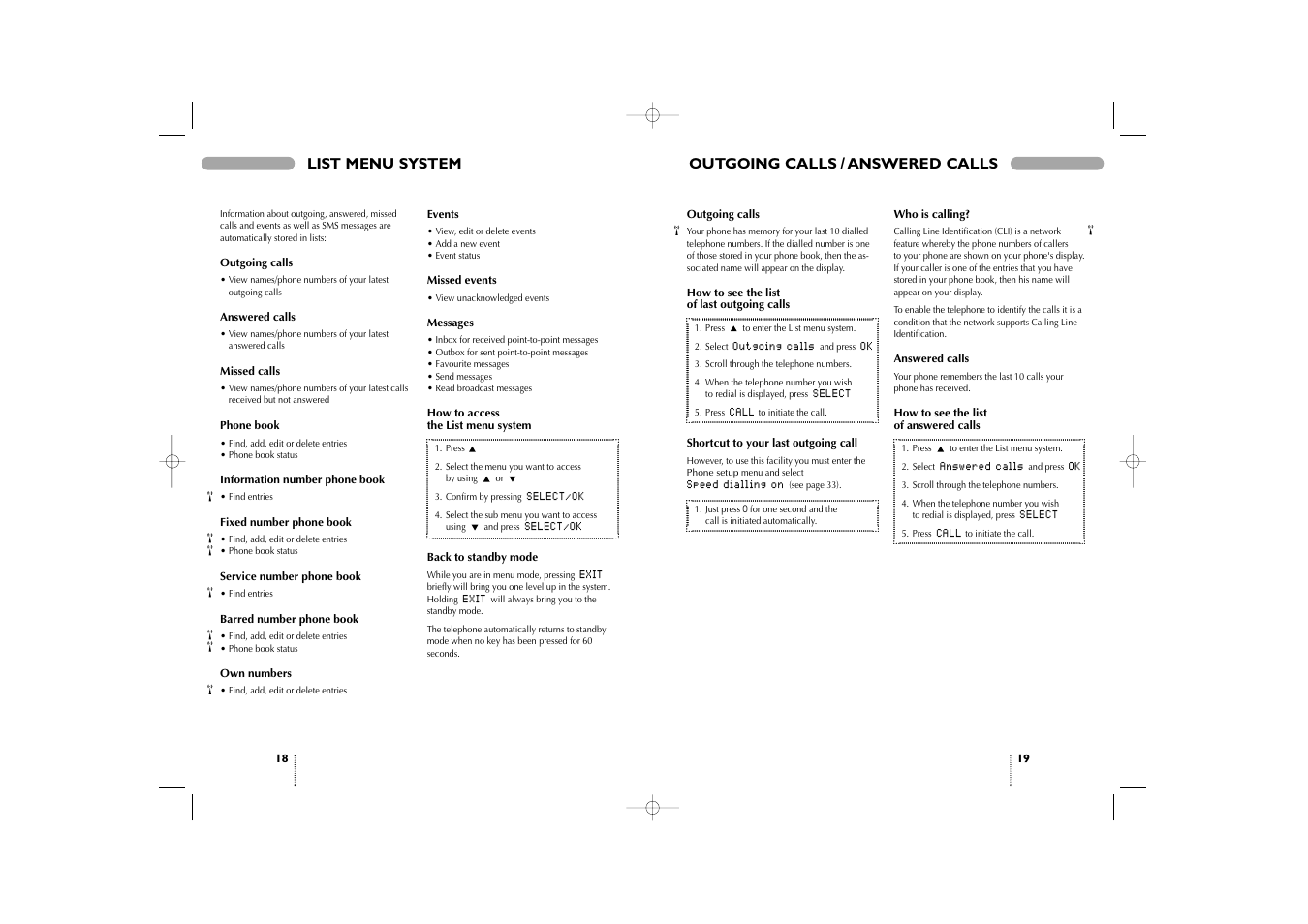 List menu system, Outgoing calls, Answered calls | Outgoing calls / answered calls list menu system | Bosch 909 Dual S User Manual | Page 10 / 25