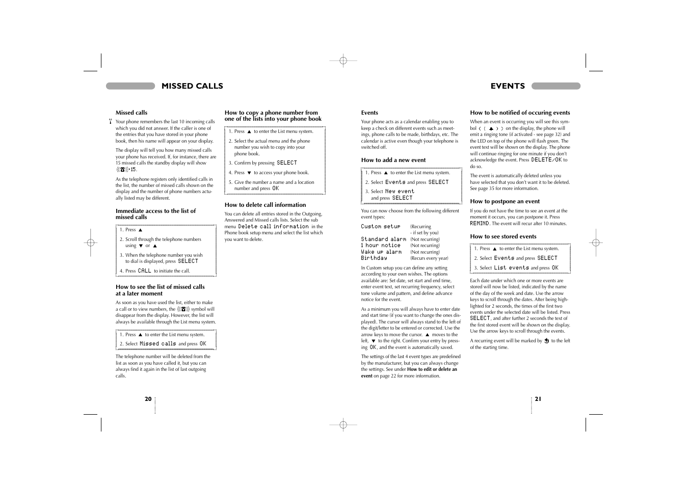 Missed calls, Events, Events missed calls | Bosch 909 Dual S User Manual | Page 11 / 25