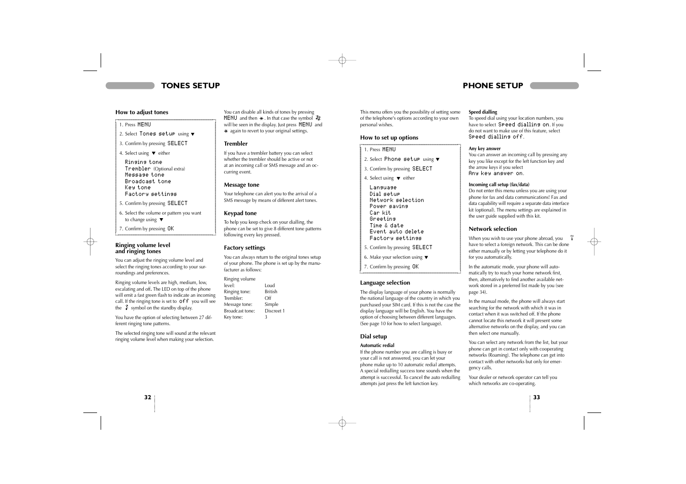 Tones setup, Phone setup | Bosch 909 Dual S User Manual | Page 17 / 25