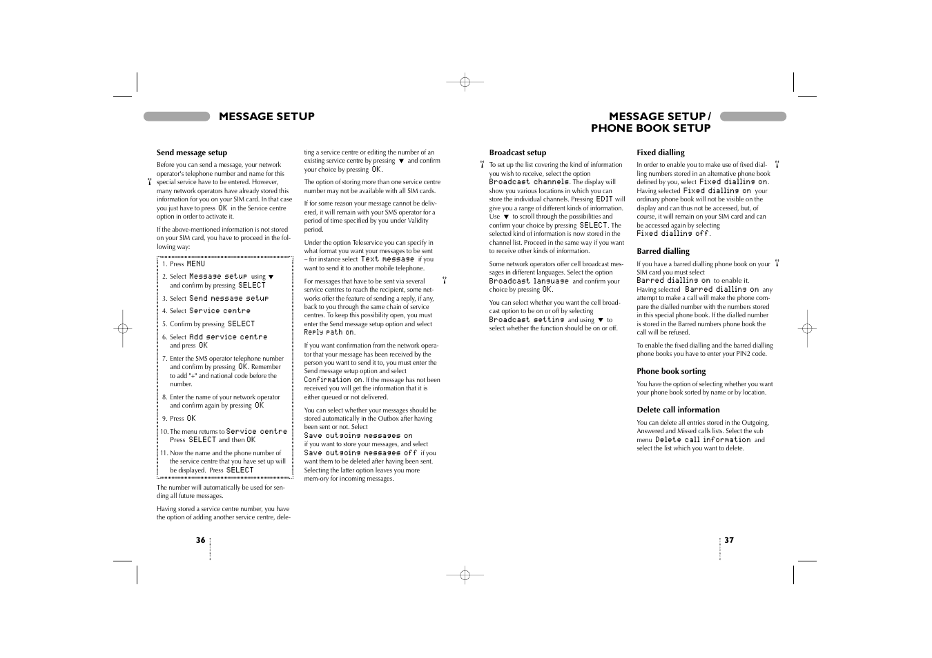 Message setup, Phone book setup, Message setup / phone book setup message setup | Bosch 909 Dual S User Manual | Page 19 / 25