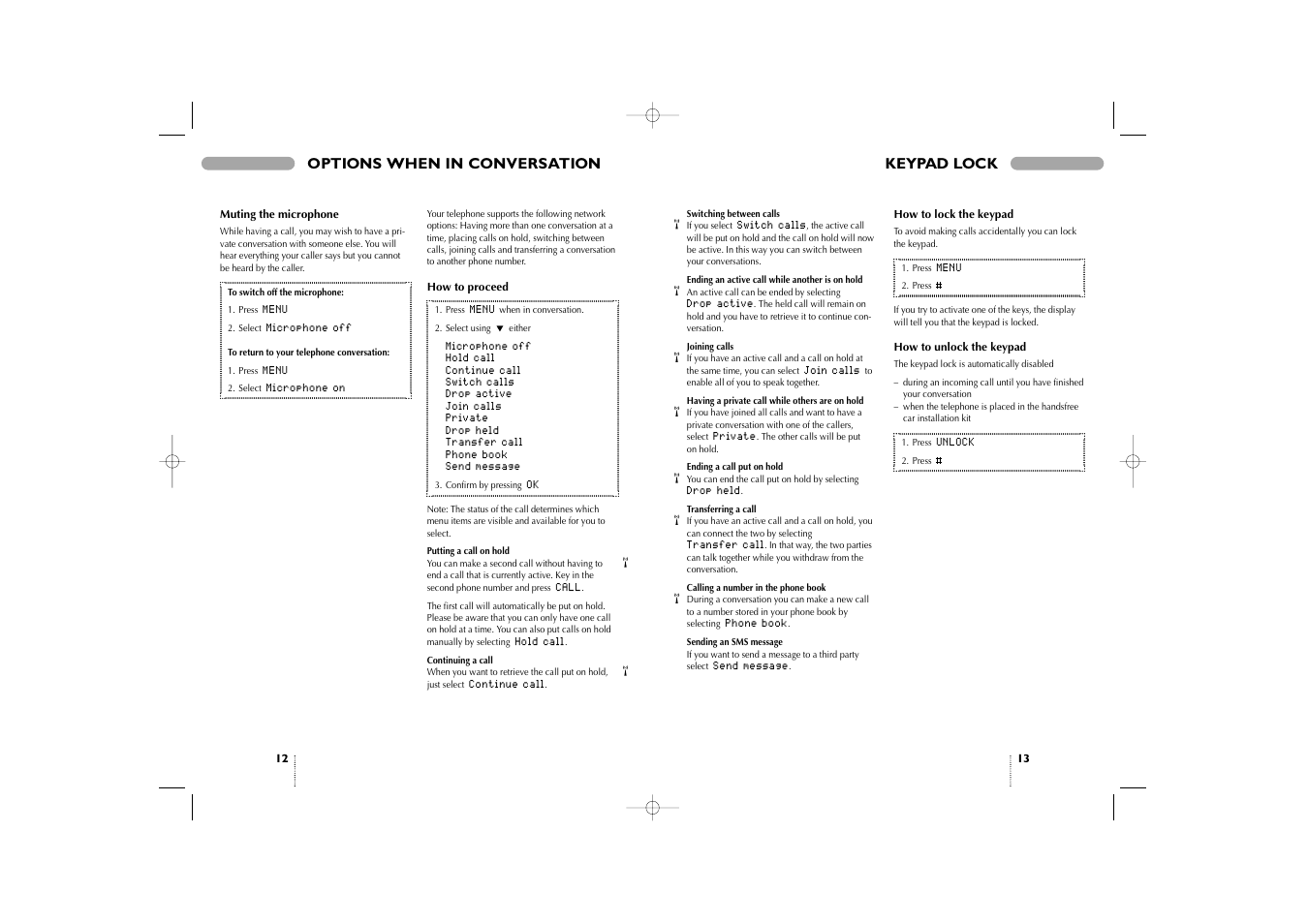 Options when in conversation, Keypad lock | Bosch 909 Dual S User Manual | Page 7 / 25
