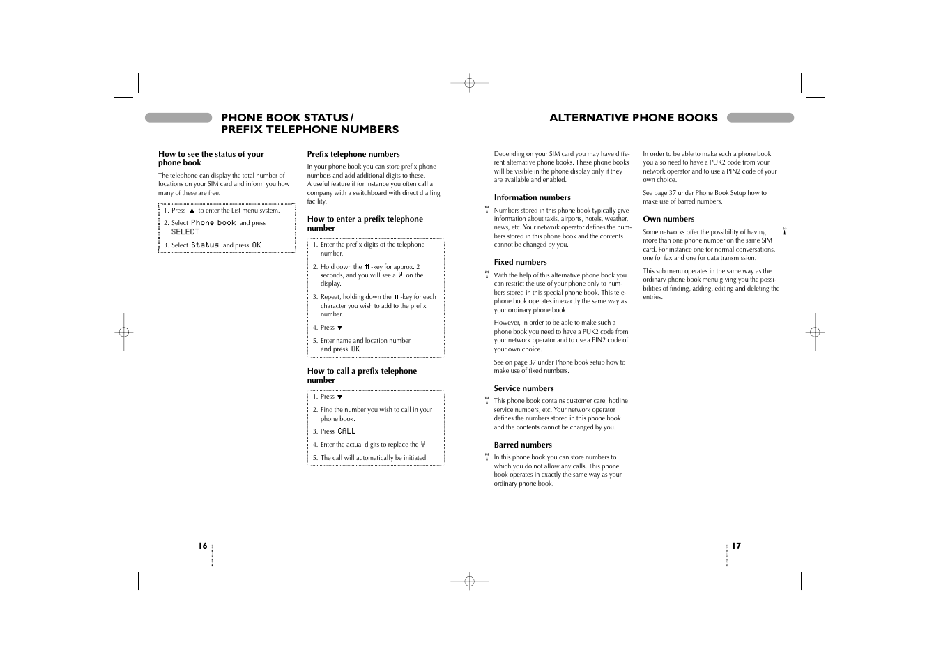 Phone book status, Prefix telephone numbers, Alternative phone books | Phone book status / prefix telephone numbers | Bosch 909 Dual S User Manual | Page 9 / 25