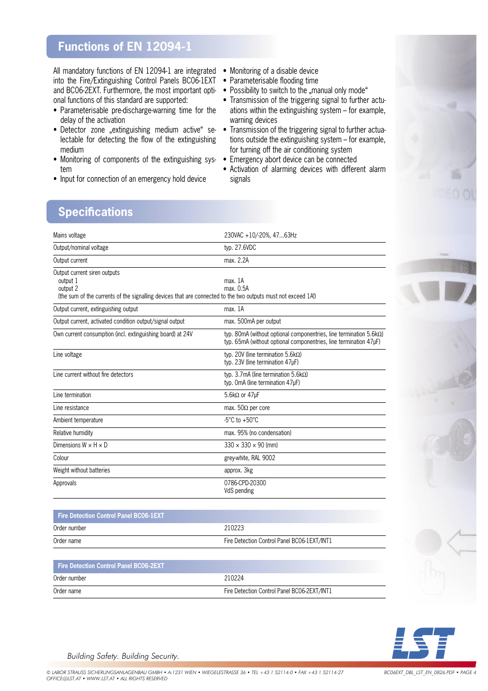 Speciﬁ cations | LST Extinguishing Control Panel BC06-1EXT User Manual | Page 4 / 4