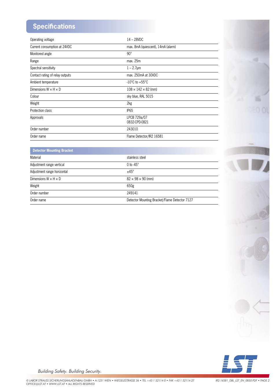 Speciﬁ cations | LST IR2 16581 User Manual | Page 2 / 2