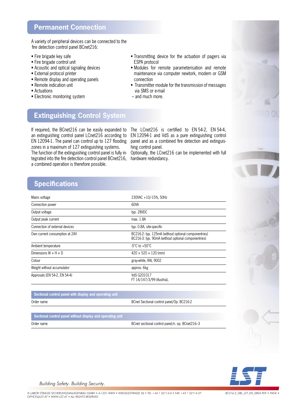 Speciﬁ cations, Permanent connection, Extinguishing control system | LST Vds EN 54 User Manual | Page 4 / 4