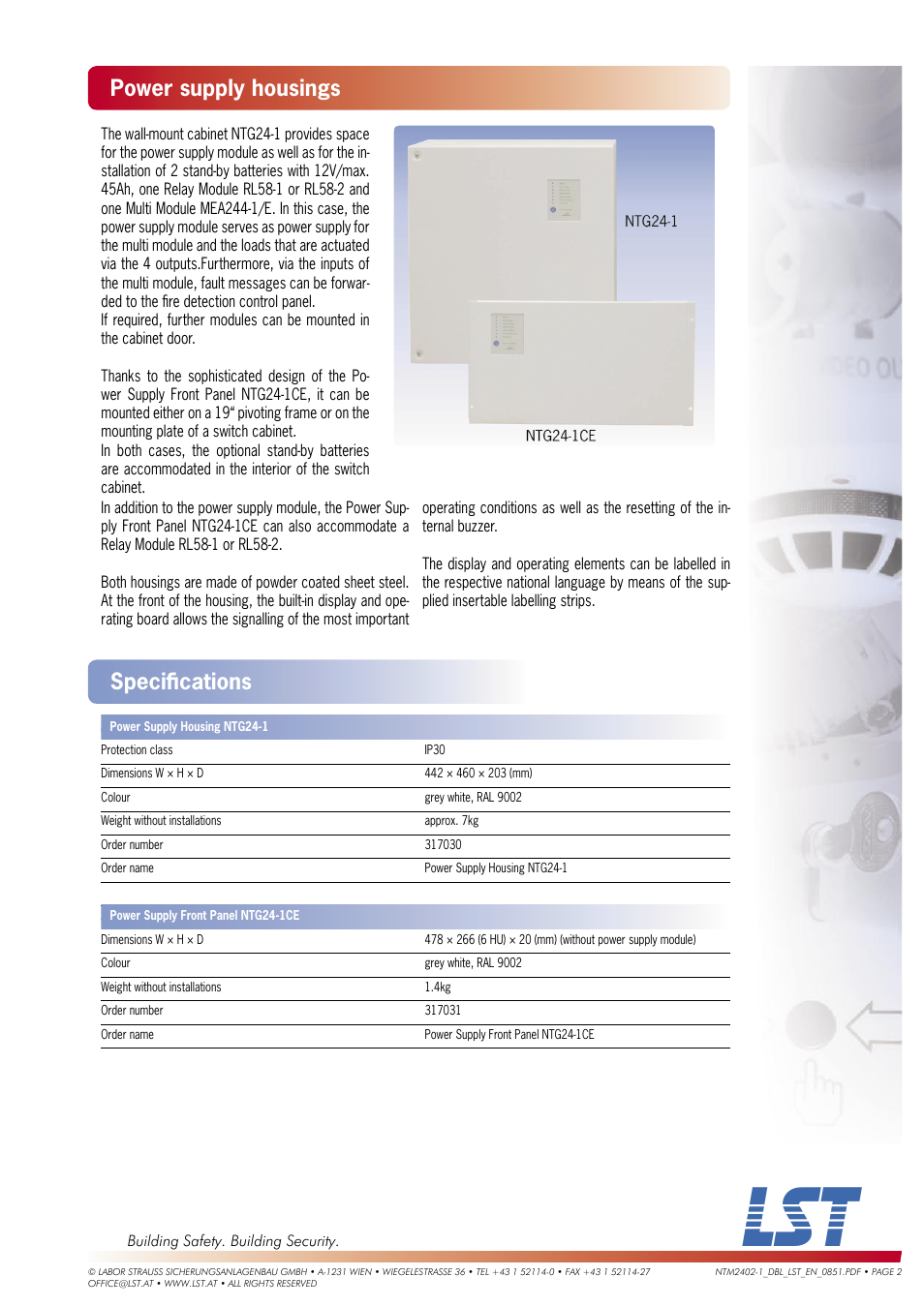 Power supply housings, Speciﬁ cations | LST NTM2402-1 User Manual | Page 2 / 2