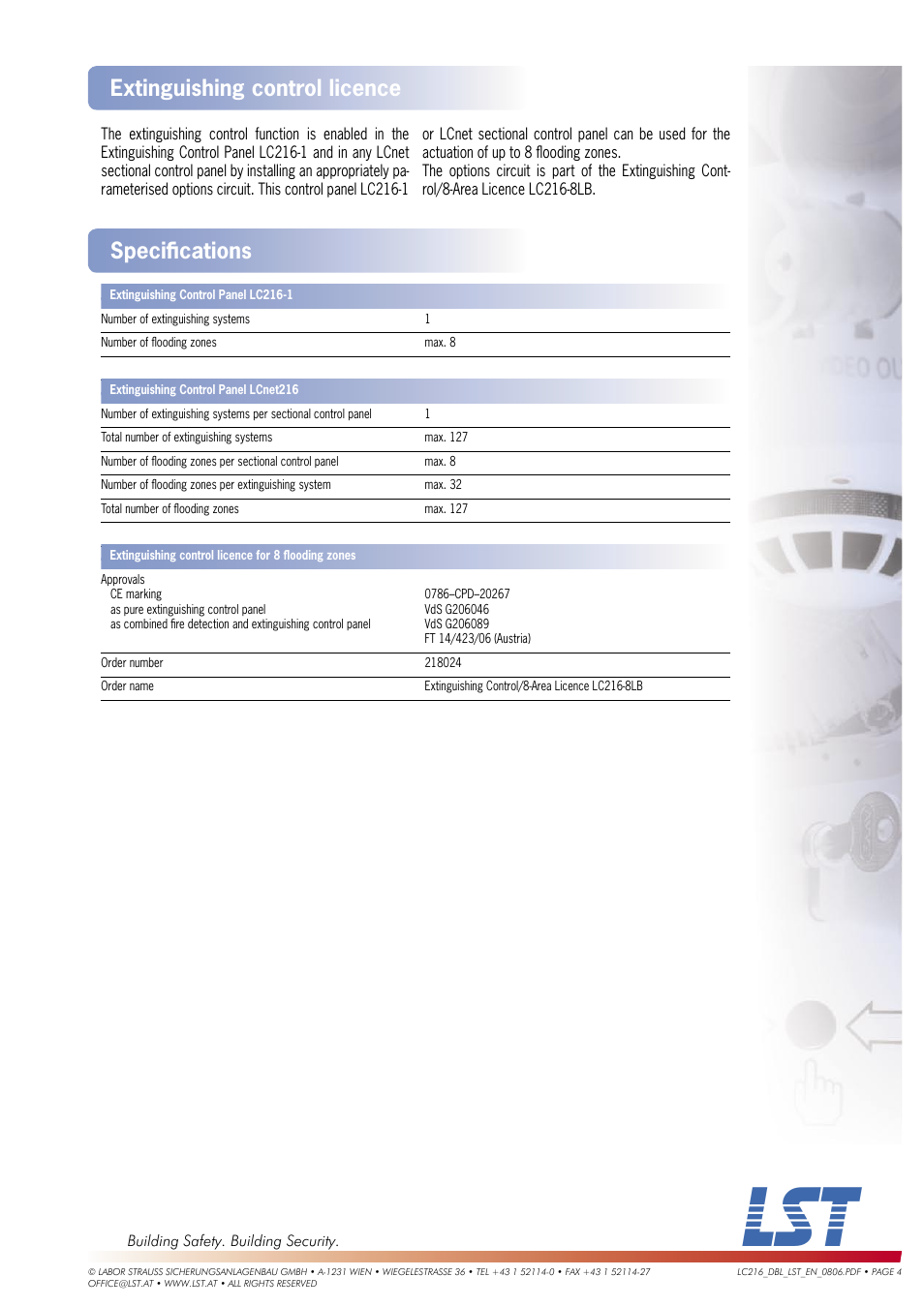 Speciﬁ cations, Extinguishing control licence | LST LC216 Series User Manual | Page 4 / 4