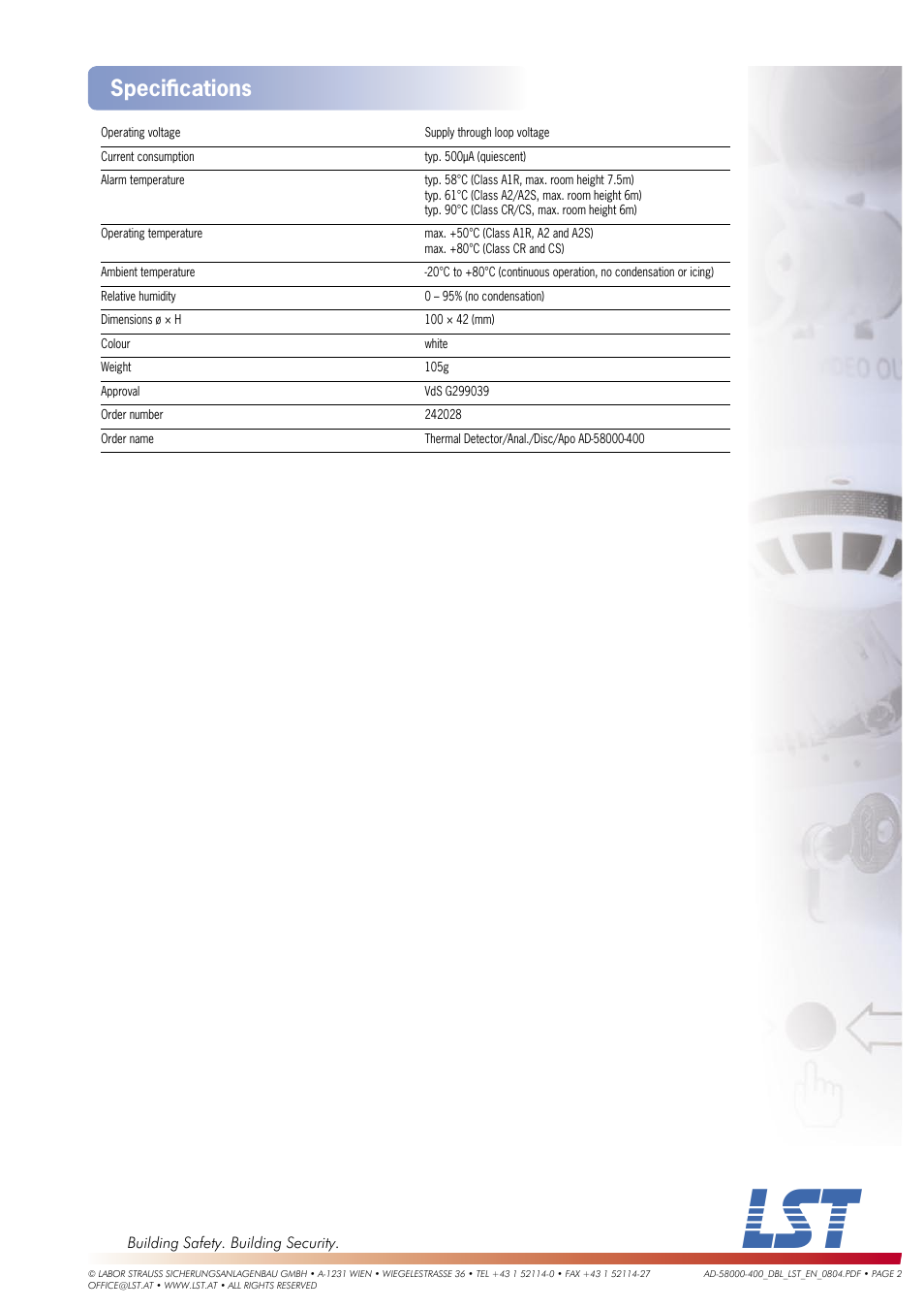 Speciﬁ cations | LST AD-58000-400 User Manual | Page 2 / 2