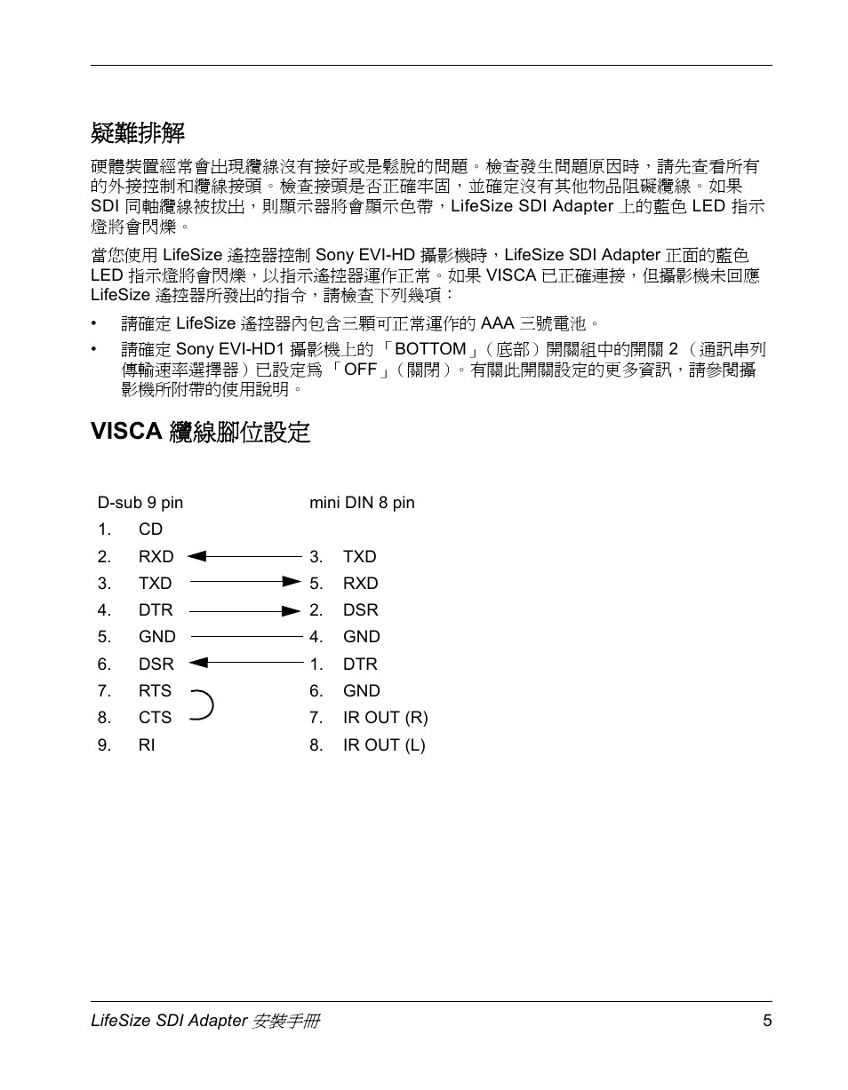 疑難排解, Visca 纜線腳位設定 | LifeSize Communications SDI Adapter User Manual | Page 5 / 5