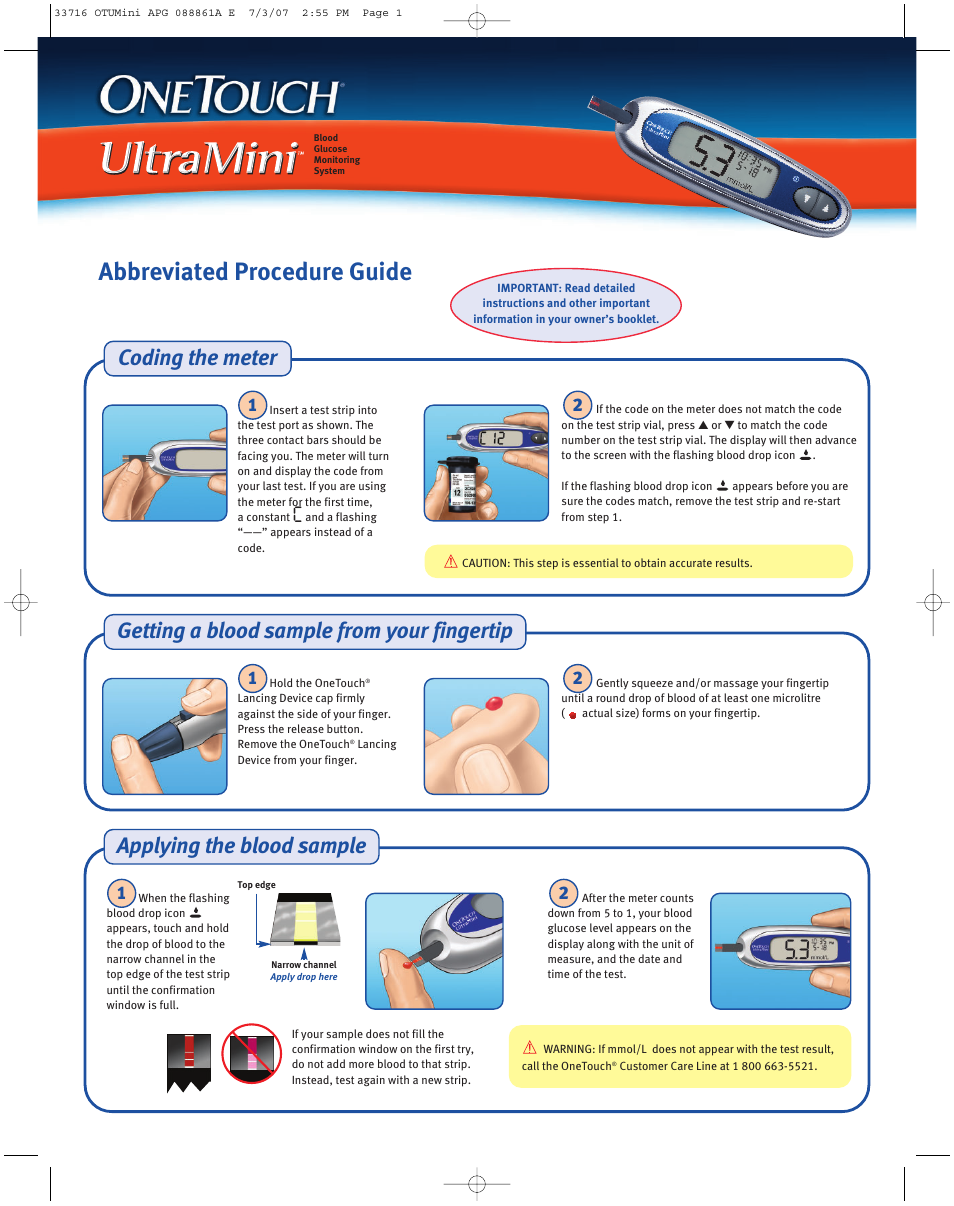 Lifescan OneTouch UltraMini Blood Glucose Modelling System User Manual | 2 pages