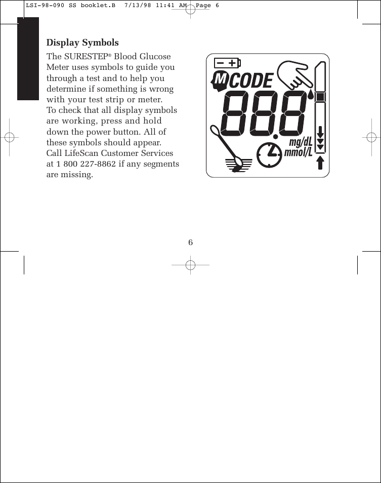 Display symbols | Lifescan SureStep blood glucose monitoring system User Manual | Page 14 / 77