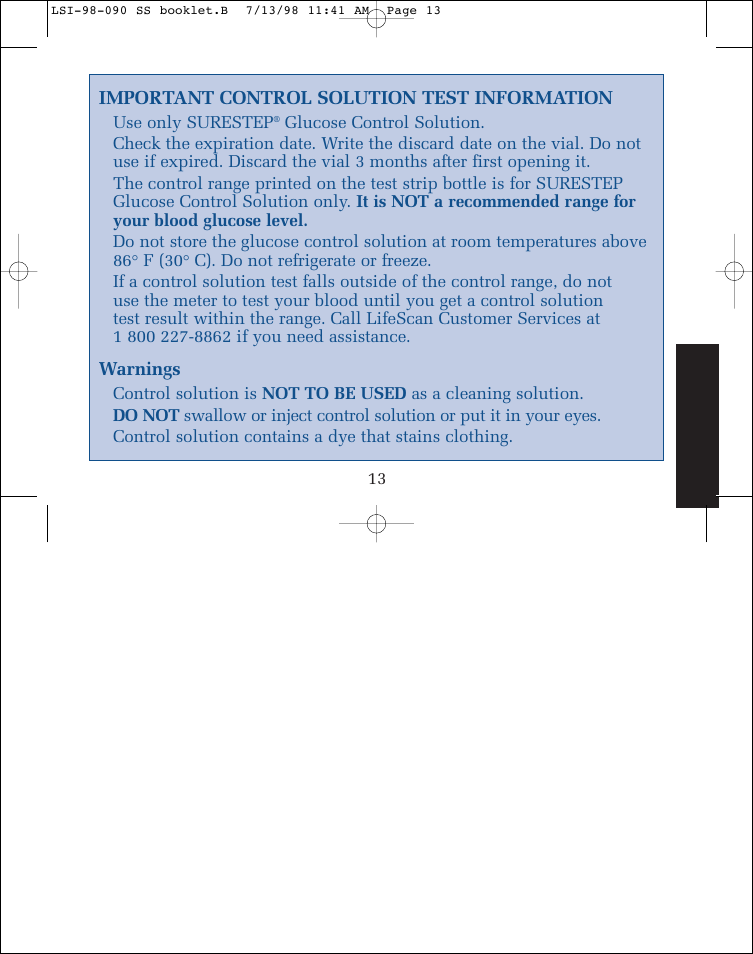 Important control solution test information, Warnings, Use only surestep | Glucose control solution | Lifescan SureStep blood glucose monitoring system User Manual | Page 21 / 77