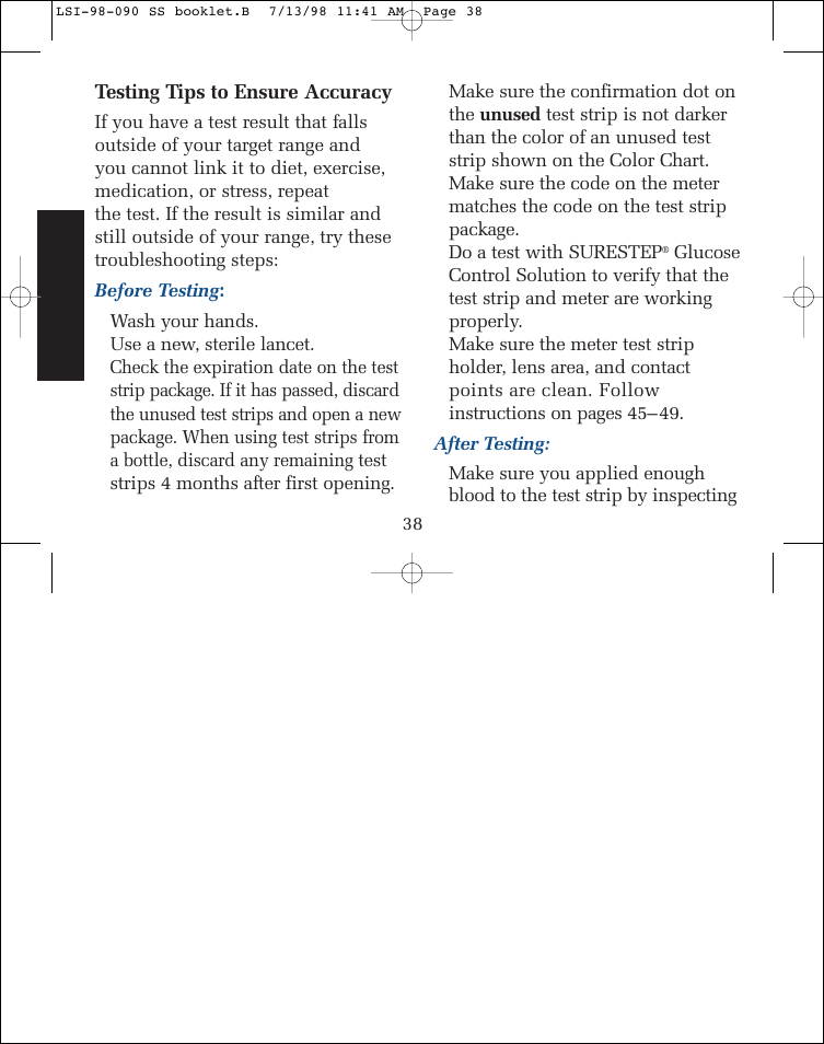 Testing tips to ensure accuracy, Wash your hands, Use a new, sterile lancet | Do a test with surestep | Lifescan SureStep blood glucose monitoring system User Manual | Page 46 / 77